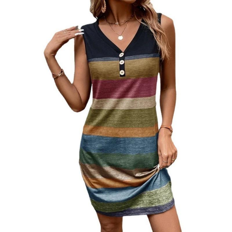 

New Spring and Summer Striped Print Button Loose Vest Long Skirt S разноцветный