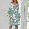 Women's  Fashion V-neck Solid Color Large Size Loose Long Large Swing 3/4 Sleeved Dress