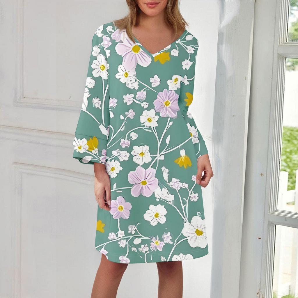 Women's  Fashion V-neck Solid Color Large Size Loose Long Large Swing 3/4 Sleeved Dress