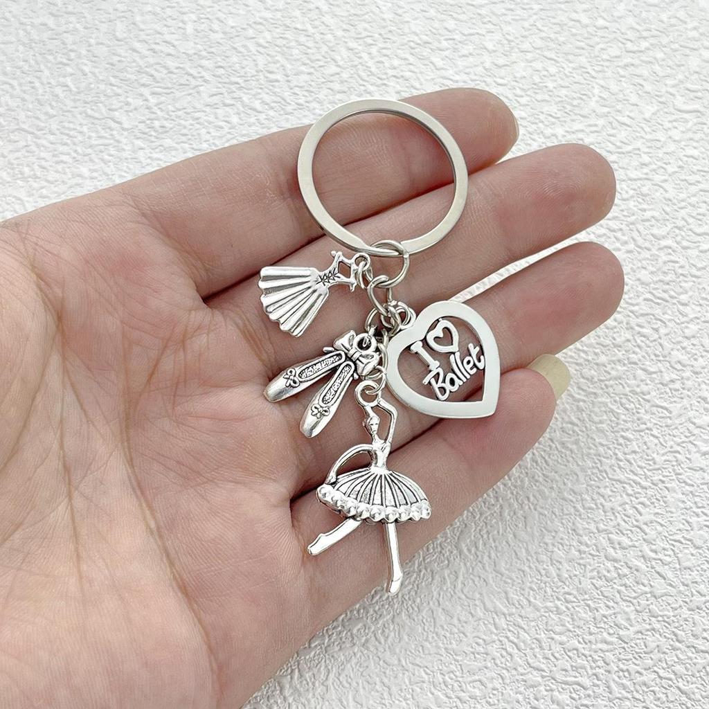 Antique Silver Ballet Girl Keychain with Heart Pendant - Elegant Dance Club Gift