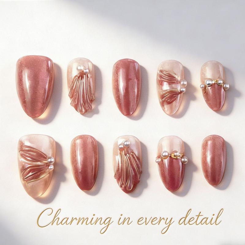 30-Piece Pink 3D Bow Cat Eye Gold Foil Manicure Tips with Diamonds