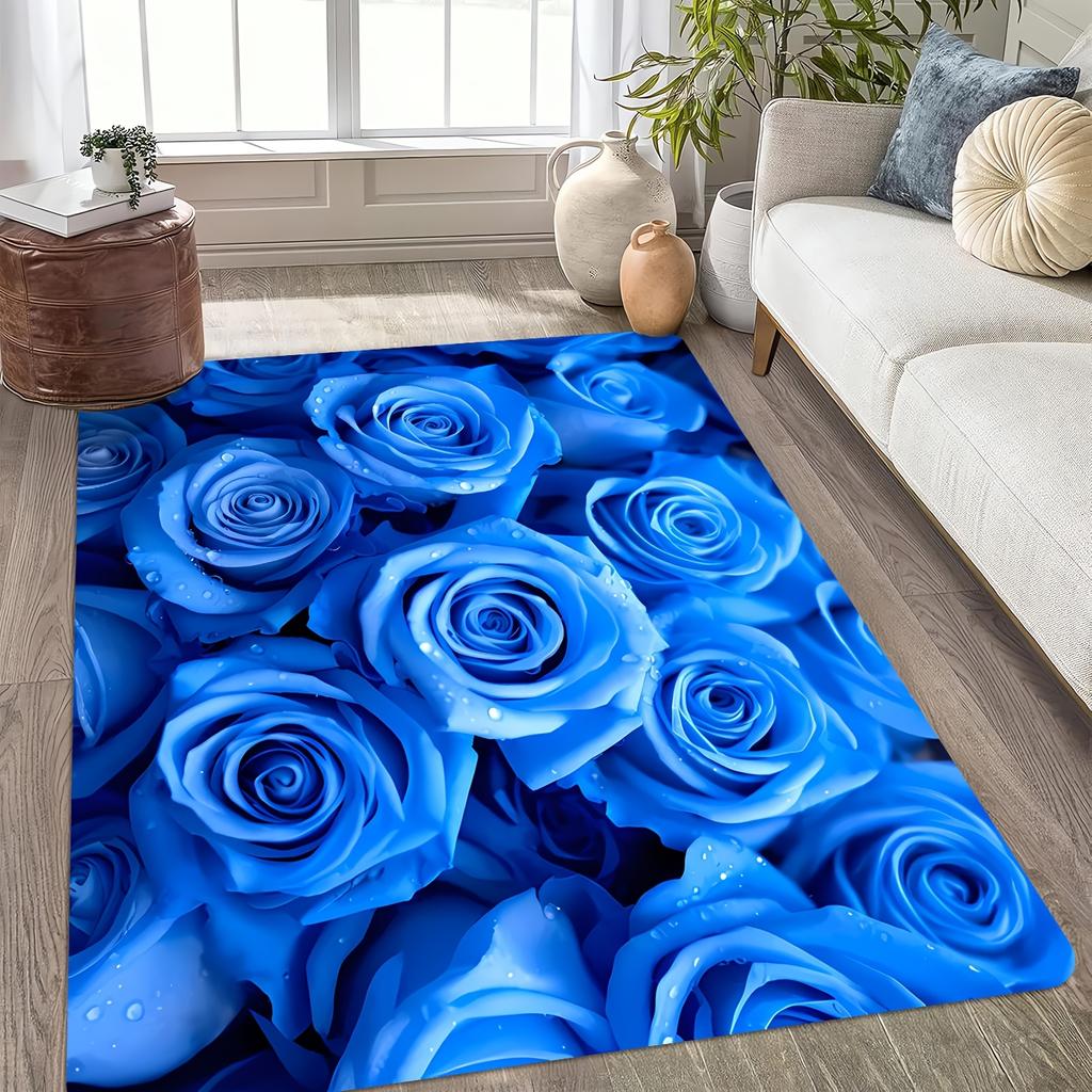 2D Flat Blue Rose Bouquet Flannel Area Rug Non Slip Romantic Floral Carpet for Living Room Bedroom Sofa Floor Decor