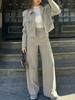 Spring Summer Casual Women Solid Suits Fashion Streetwear Pockets Turn-down Collar Short Jackets+Chic Wide Leg Pants