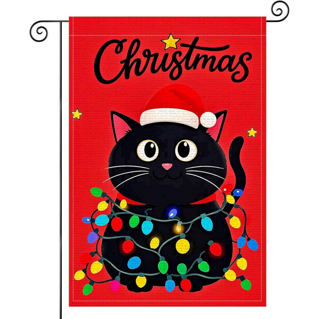 Christmas Black Cat Garden Flag | Double-sided Holiday Garden Flag Featuring a Cute Black Cat, Sweet for Your Back Porch, Flower Bed, and Yard