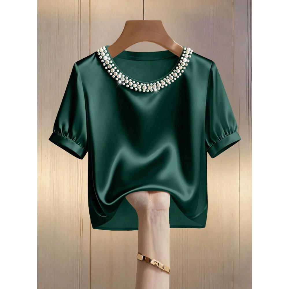 Damen Rundhals Perlenbestickt Puff Kurzarm Einfarbig Satin Lockerer Schnitt Elegant Büro Freizeit Bluse Top