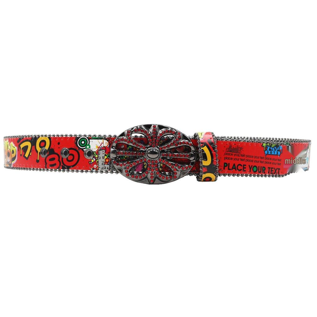 Croatian Rhinestone Graffiti Leather Y2K Belt: Versatile European & American Style