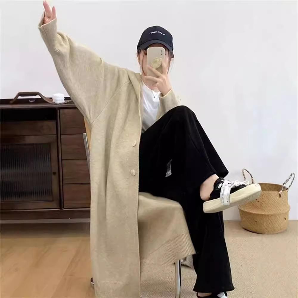 Large size cardigan simple and versatile lazy style soft waxy medium and long hooded sweater jacket women's new autumn and winter models