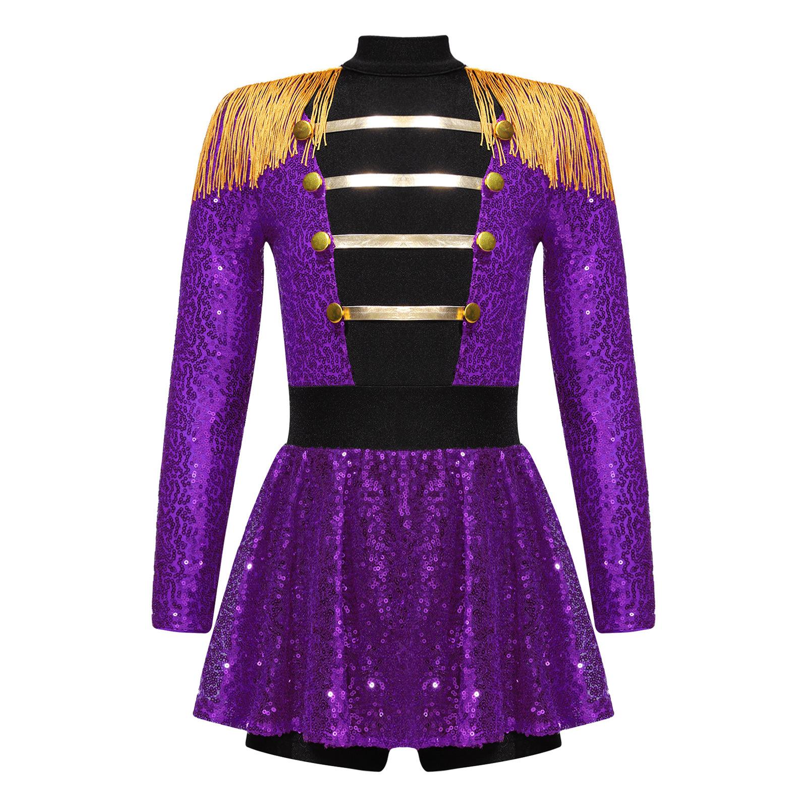 

Костюм Дівчинки Цирковий Керівник Арени Довгий Рукав Еполети з Китицями Блискуча Сукня з Паєтками Комбінезон Хелловін Танцювальний Виступ 7-8 Years фіолетовий