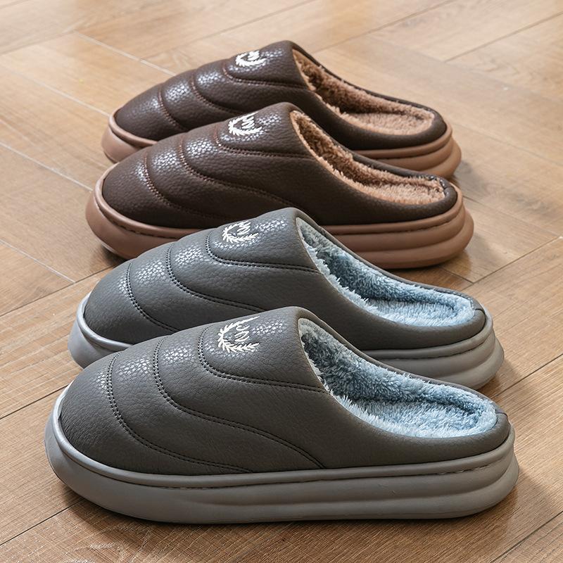Extra Large Size Cotton Slippers Home Autumn and Winter Waterproof Cotton Shoes Warm Plush Slippers Imitation PU Leather Cotton Mop