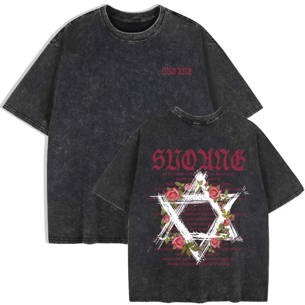 

Flowers Wreath Art Letter Printing Washed T-Shirts Womens Cotton Oversize T Shirts Summer O-Neck Short Sleeve Tops Clothes S