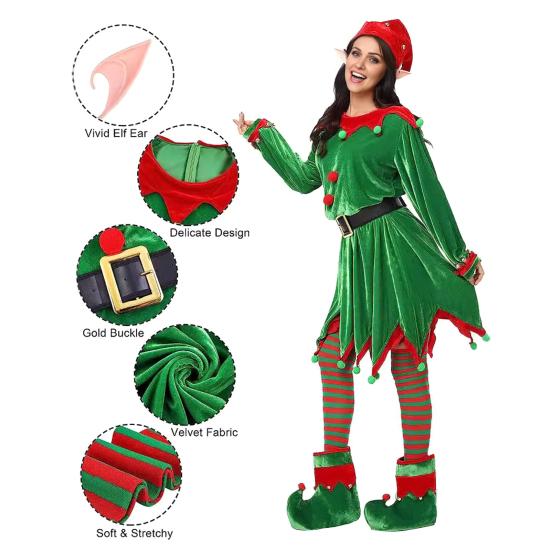 Kids Christmas Elf Costume Green Velvet Dress with Hat Shoes & Accessories for Boys Girls Holiday Play Outfit for School Performances Parties