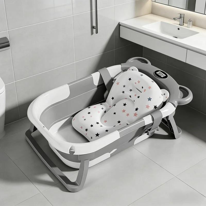 Babybadewanne für Neugeborene bis Kleinkinder, Haushalts-Tragbar, Cartoon-Bären-Design mit weichem Kissen, eingebautes Thermometer für Reisebad