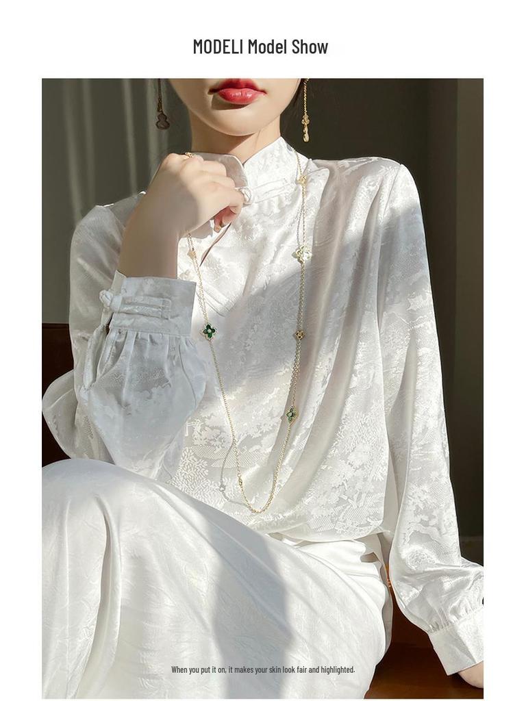 2024 Spring/Summer Women's Chinese Style Satin Jacquard Stand Collar Shirt