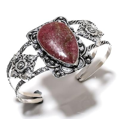 Natural Rhodonite Handmade 925 Sterling Silver Cuff Bangle Adjustable I6d75