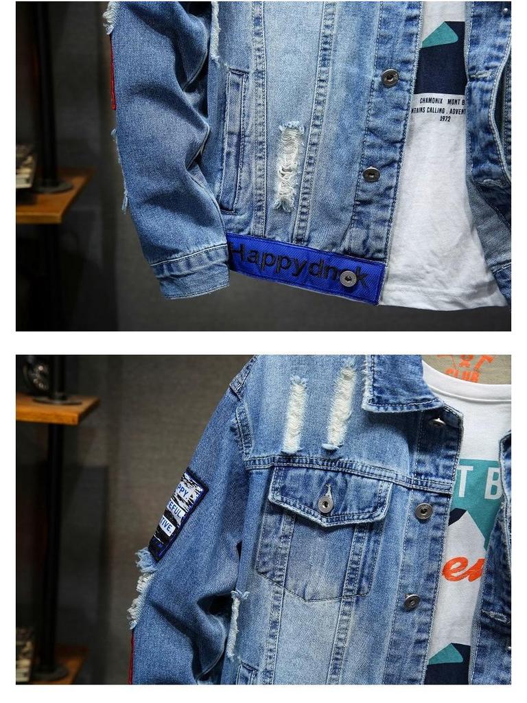 Pánska ležérna roztrhaná rifľová bunda s nášivkami - Trendy japonská značka na jar a jeseň