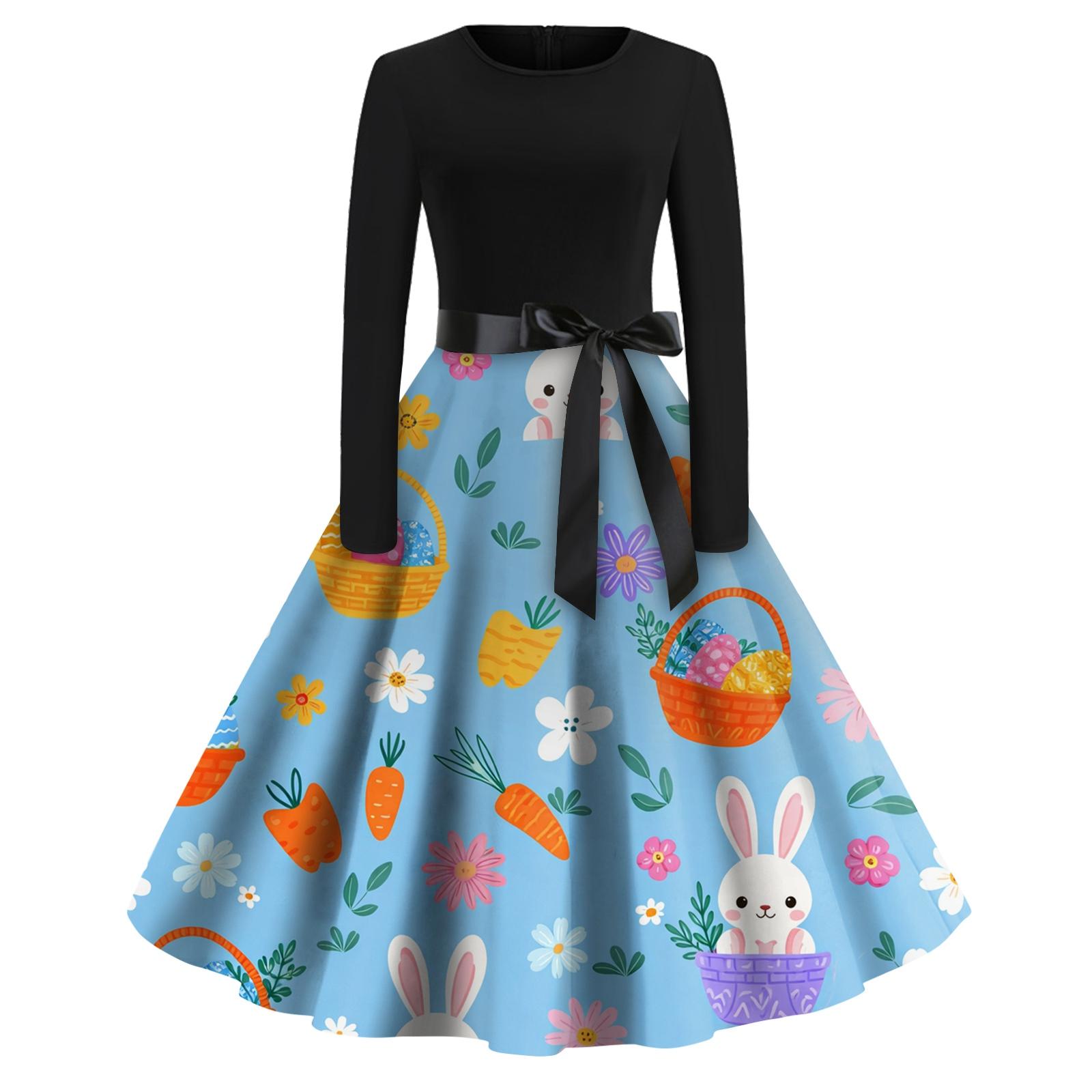 Women s Fashion Round Neck Casual Slim-fit Easter Printed Large Swing Long Sleeve Dress L