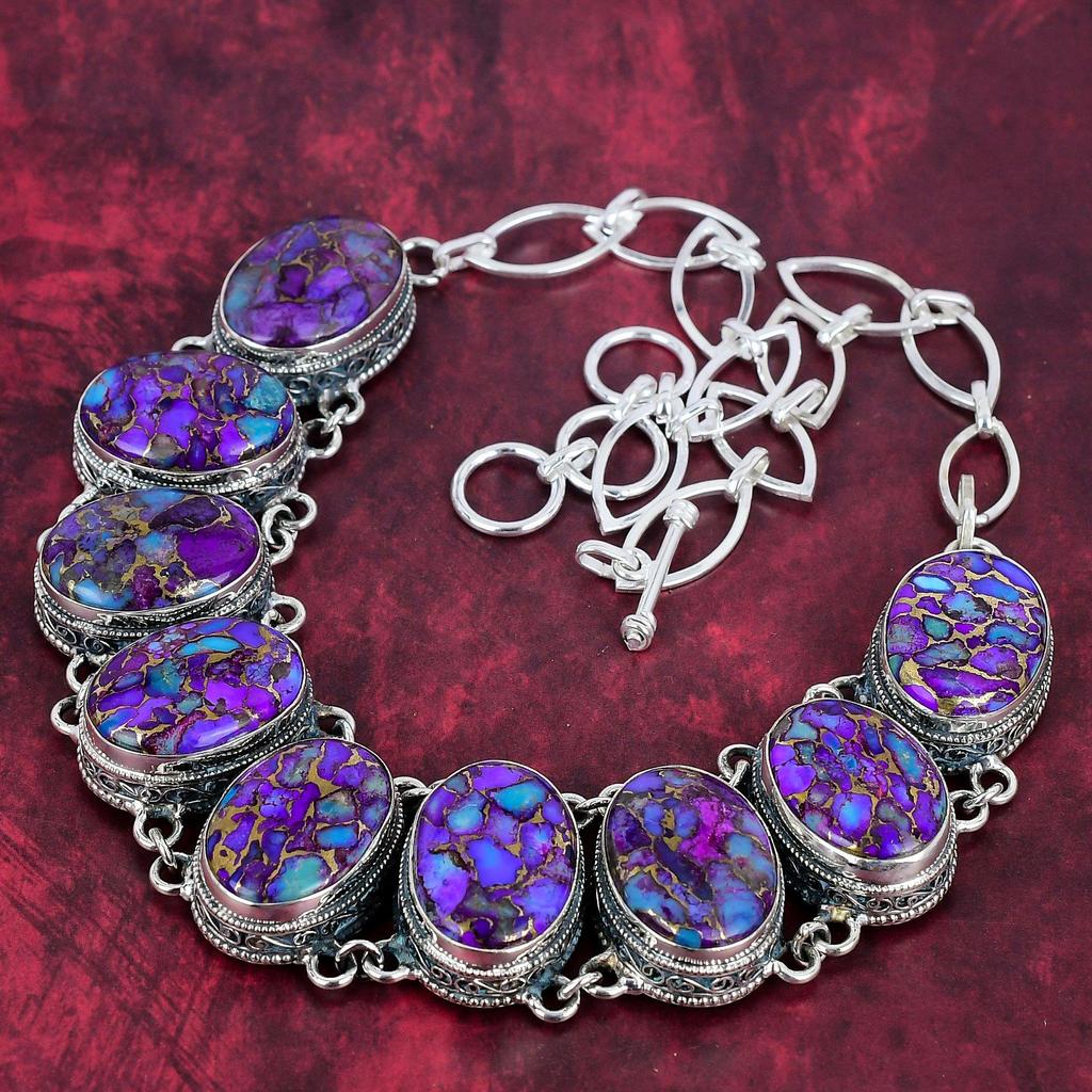 Purple Copper Turquoise Necklace 925 Sterling Silver Jewelry, Gemstone Adjustable Chain Necklace, Gift For Her Handmade Dainty Jewelry