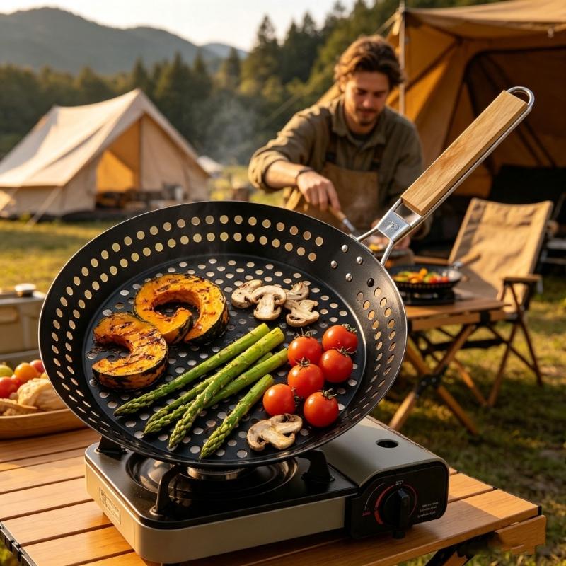 Outdoor Grill Pan for Camp Stove Meals, 12Inch Perforated Iron Pan with Folding Wooden Handle and Nonstick Surfaces