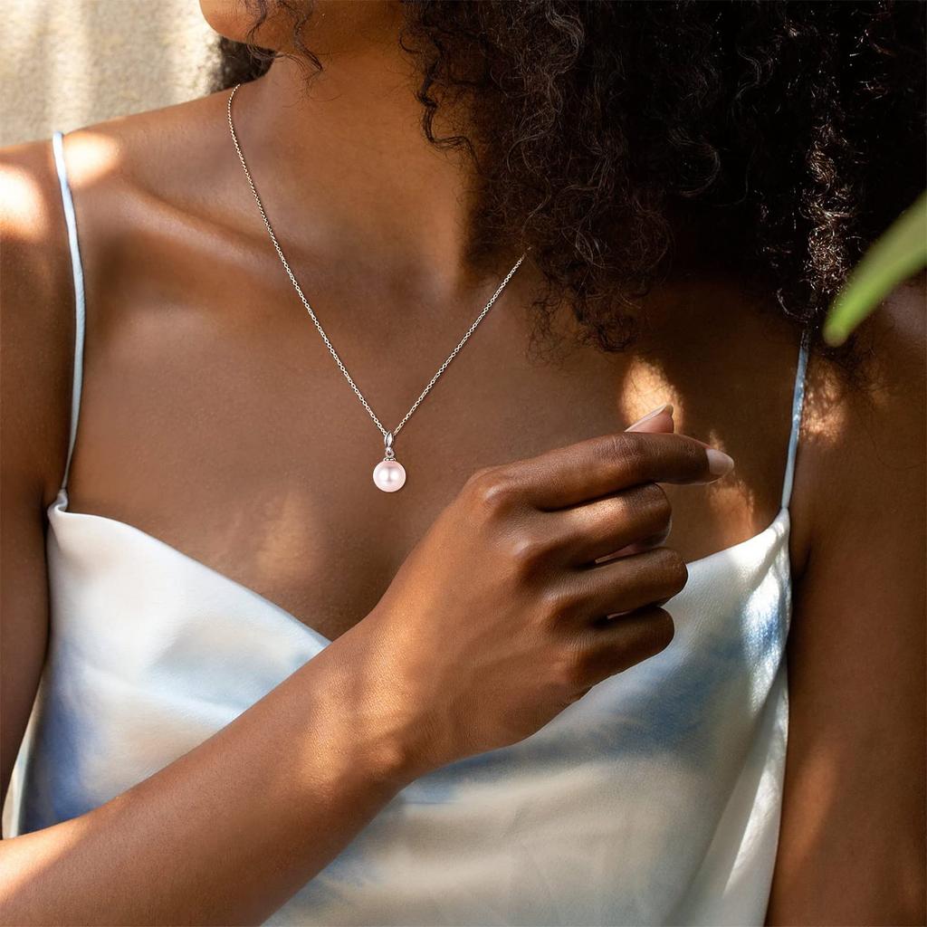 [FANCIME] Diamond Necklace for Women, K14 White Gold, Natural Freshwater Pearl (7-8mm), 1 Pearl, Lab-Grown Diamond, Pearl Bud Design, Silver Chain, Lu