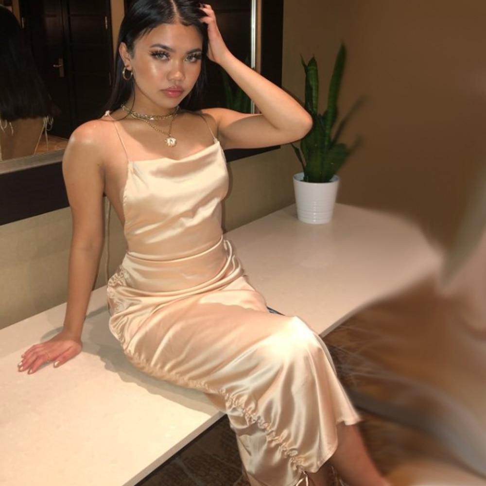 Summer Sexy Backless Satin Dress Soft Mini V Neck Bodycon Sling Casual Loose Slim Silk Bandage Length Adjustable Midi Dress