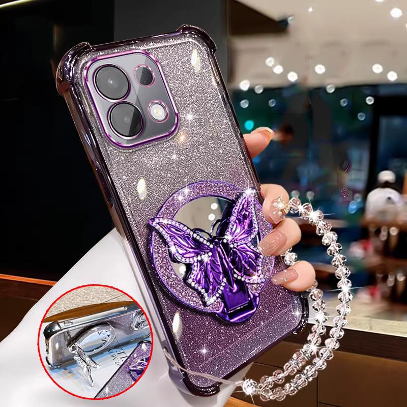 Mirror Glitter Butterfly Crystal Bracelet Case For Xiaomi 17 Pro Max 15T Pro 13T 14T Pro 15 17 Ultra Shockproof Silicone Cover