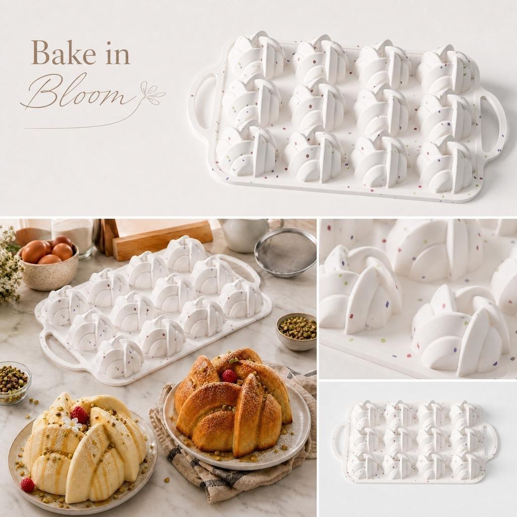 12-Cavity Silicone Baking Mold for Mini Cakes Muffins with Handles Food Grade Non-Stick Flexible Bakeware for Oven Microwave Dishwasher Safe