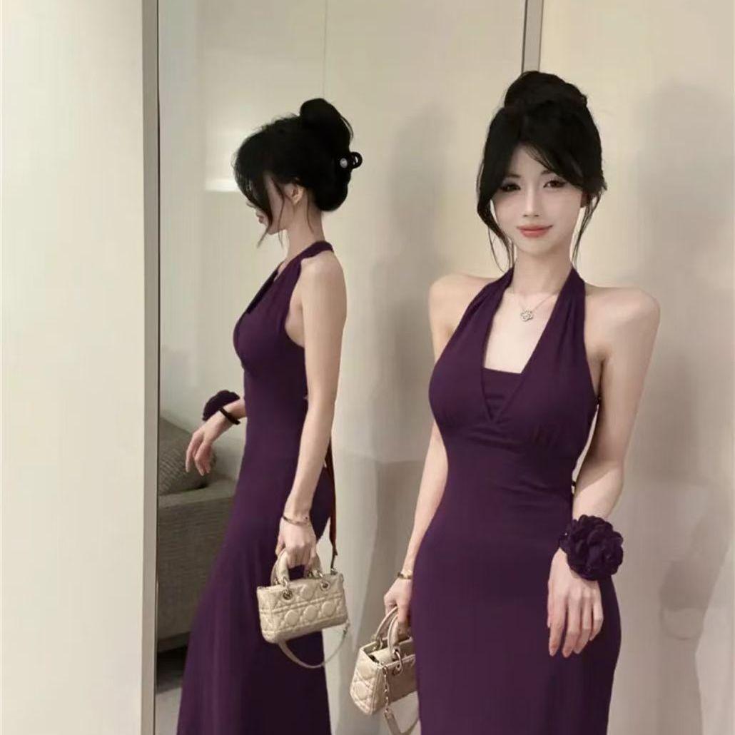 

Purple Rose Spaghetti Strap Fishtail Midi Dress - Open Back Slim Fit S for 70-90 jin
