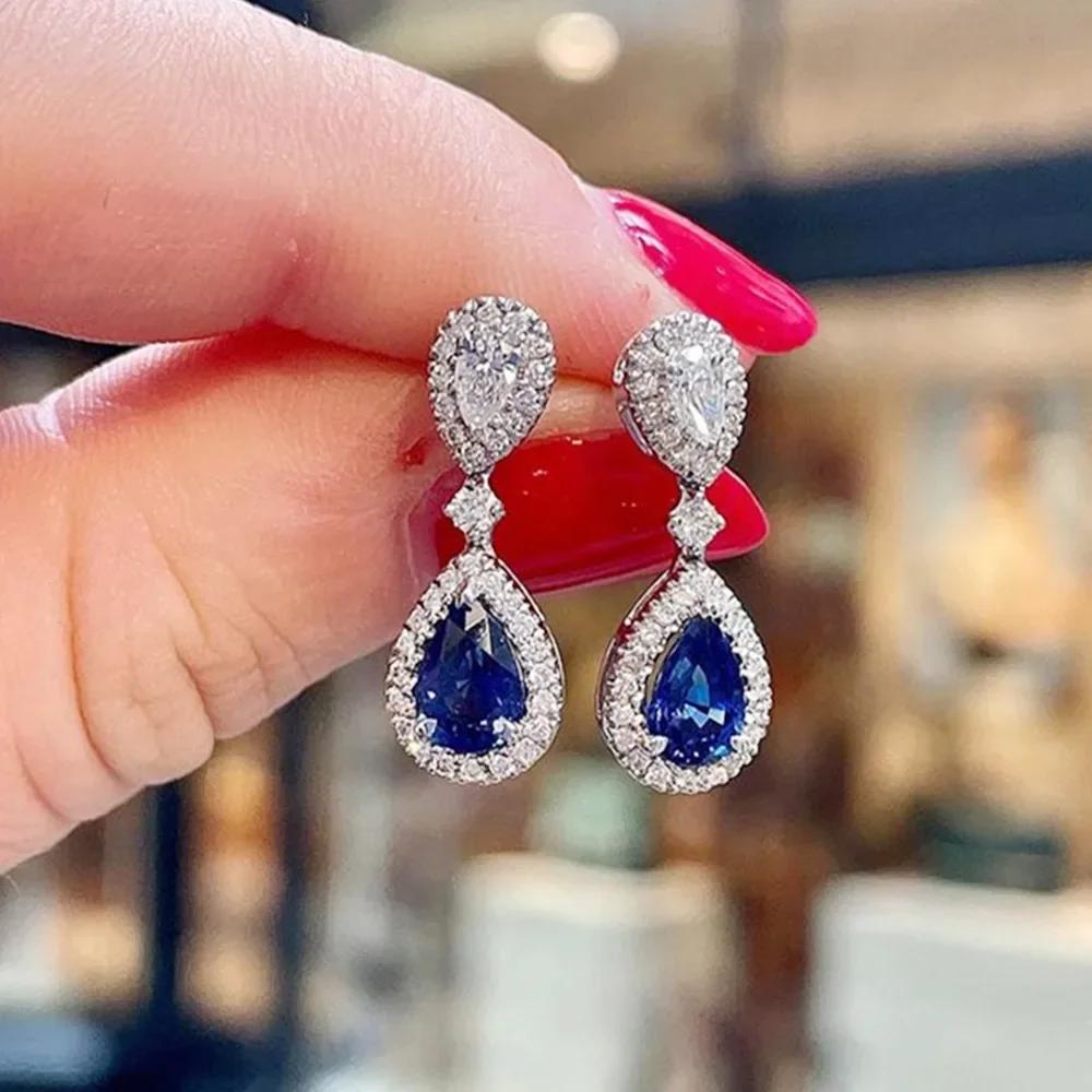Royal Blue Zircon Oval Earrings Fashionable High-End Design Accessories for Banquets Personalized Simple Zircon