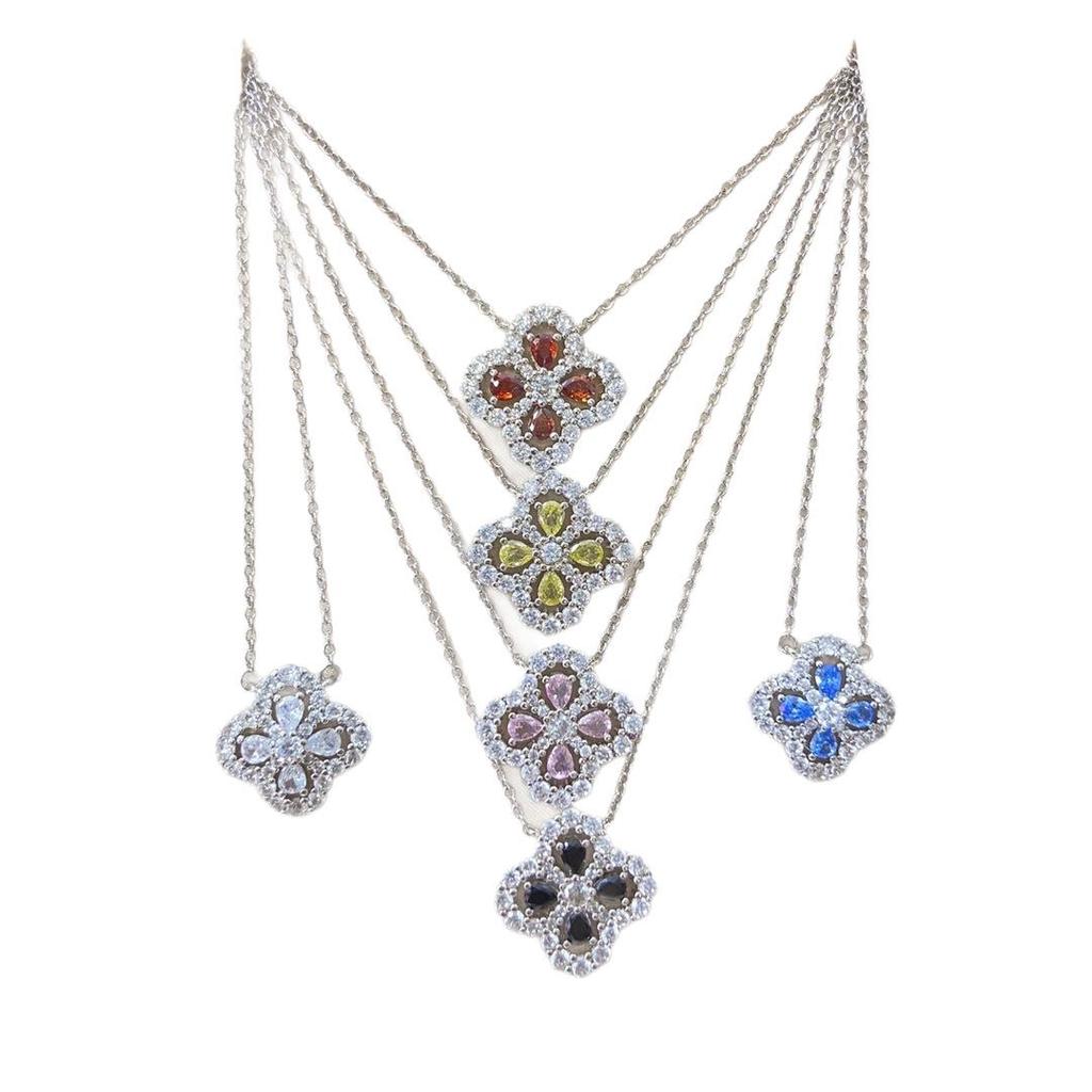 HW Colored Gem Hollow Four-Leaf Clover Necklace - Elegant Diamond Flower Pendant for Women
