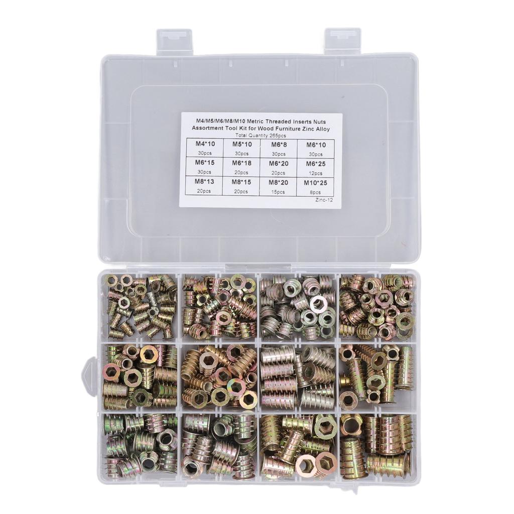 265Pcs Threaded Inserts Nuts Assortment Tool Kit Zinc Alloy Furniture Bolt for Pine Wood Plywood M4 M5 M6 M8 M10