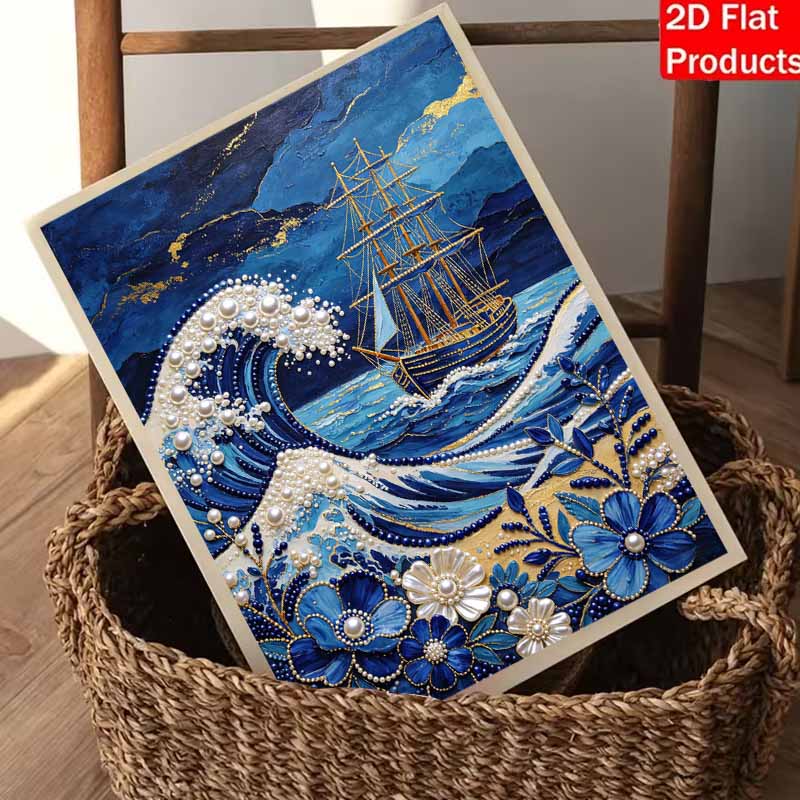 Pearl Painting Handmade DIY 5D Pearl Ocean Wave Sailing Ship Flower Pattern Decorative Hanging Painting