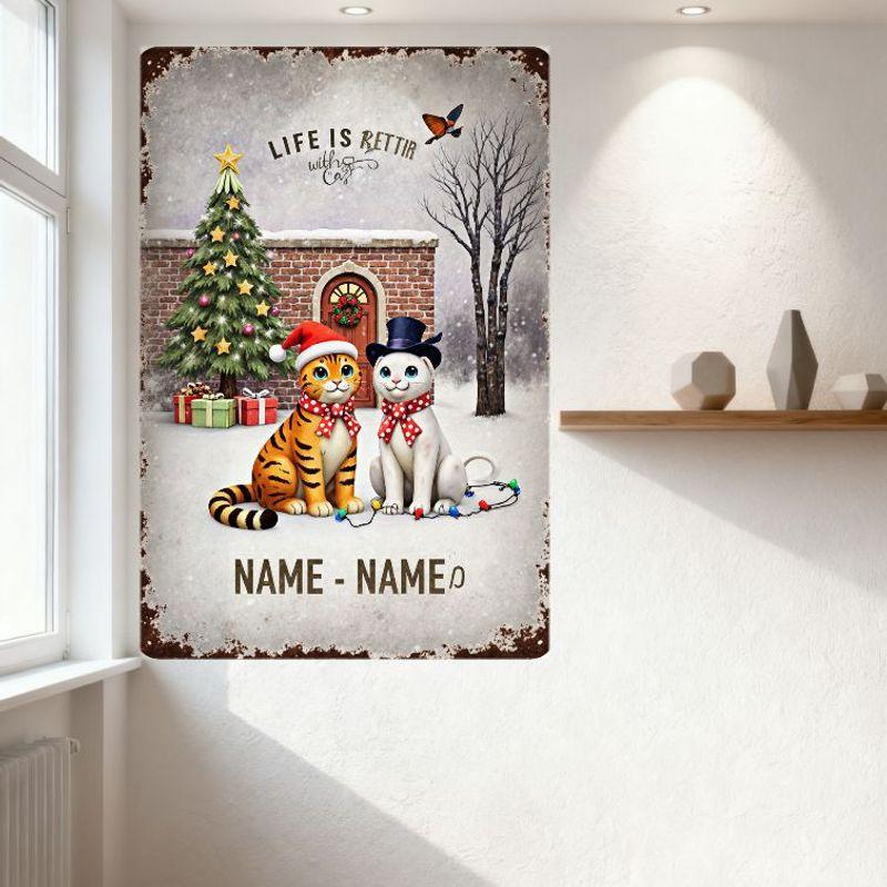 Vintage Christmas Cat Life is Better with a Cat Tin Sign Snowy Scene Brick Building Xmas Tree Cats Personalized Name Metal Wall