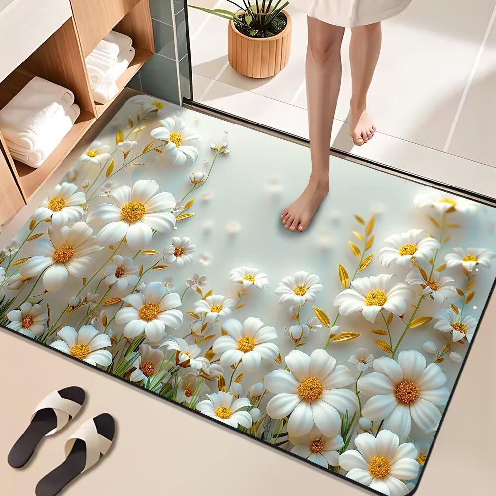 3D Floral Diatomaceous Earth Bath Mat - Absorbent, Quick-Dry, Stain & Wear Resistant Doormat