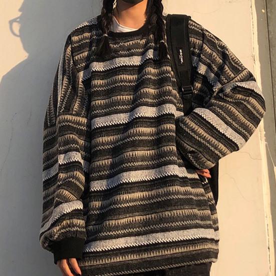 Women Sweater Stripe Vintage Style Slouchy Oversized Fall Sweater for Daily Wear