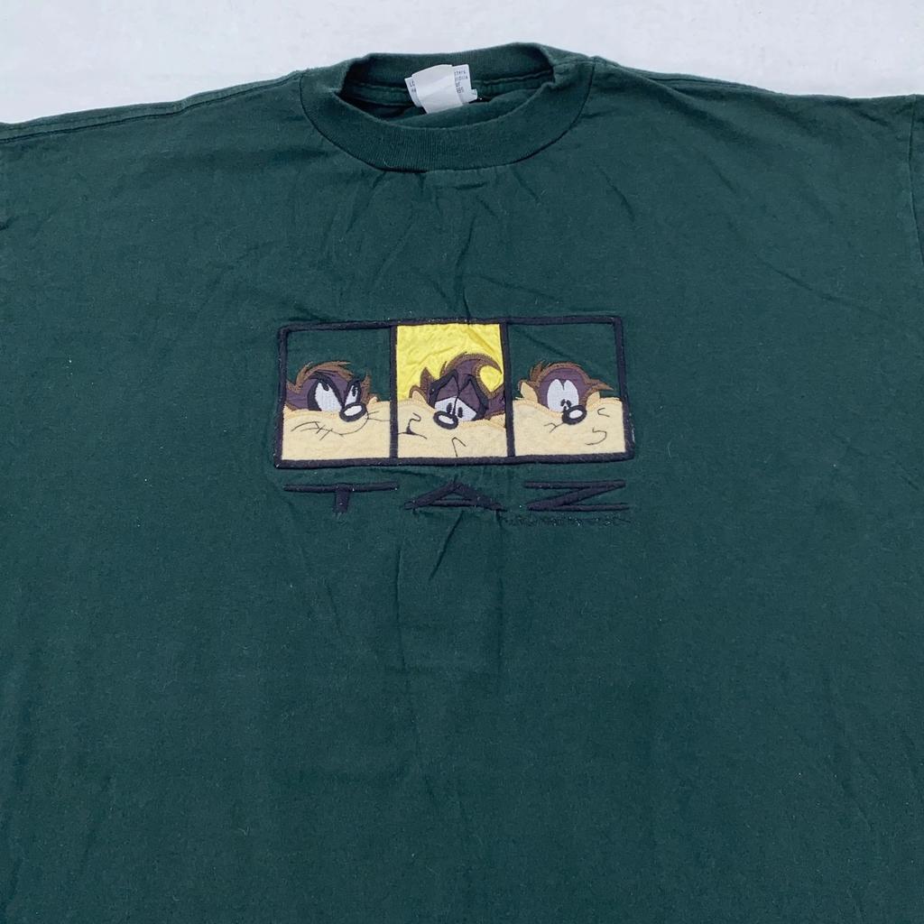 Vintage Looney Tunes Taz Shirt Mens XL Green Cartoon Graphic Tee Embroidered 90s