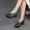 Salto Alto de Couro Genuíno Retro Bico Redondo Scarpins Versátil Salto Grosso Sapatos Femininos