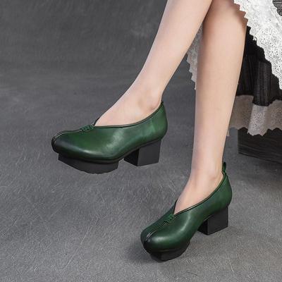 Genuine Leather High Heels Retro Round Toe Pumps Versatile Thick Heels Women's Shoes
