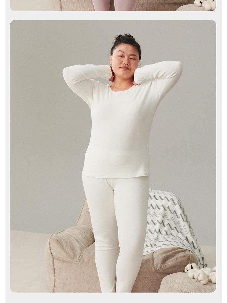 Women's Plus Size Double-Sided Flannel Underwear Set - Pure Cotton, Thick Round Neck Base Layer for Autumn and Winter