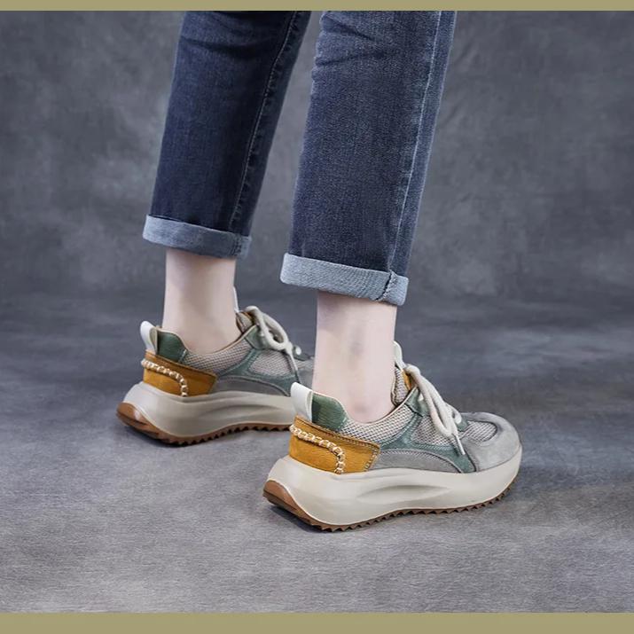 Johnature Mesh Splicing Genuine Leather Breathable Women's Shoes Thick Sole Mixed Colors Casual Sports Shoes