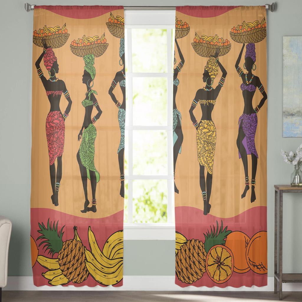 African Women Fruit Basket Ethnic Tulle Sheer Window Curtains for Living Room Kitchen Children Bedroom Voile Hanging Curtain