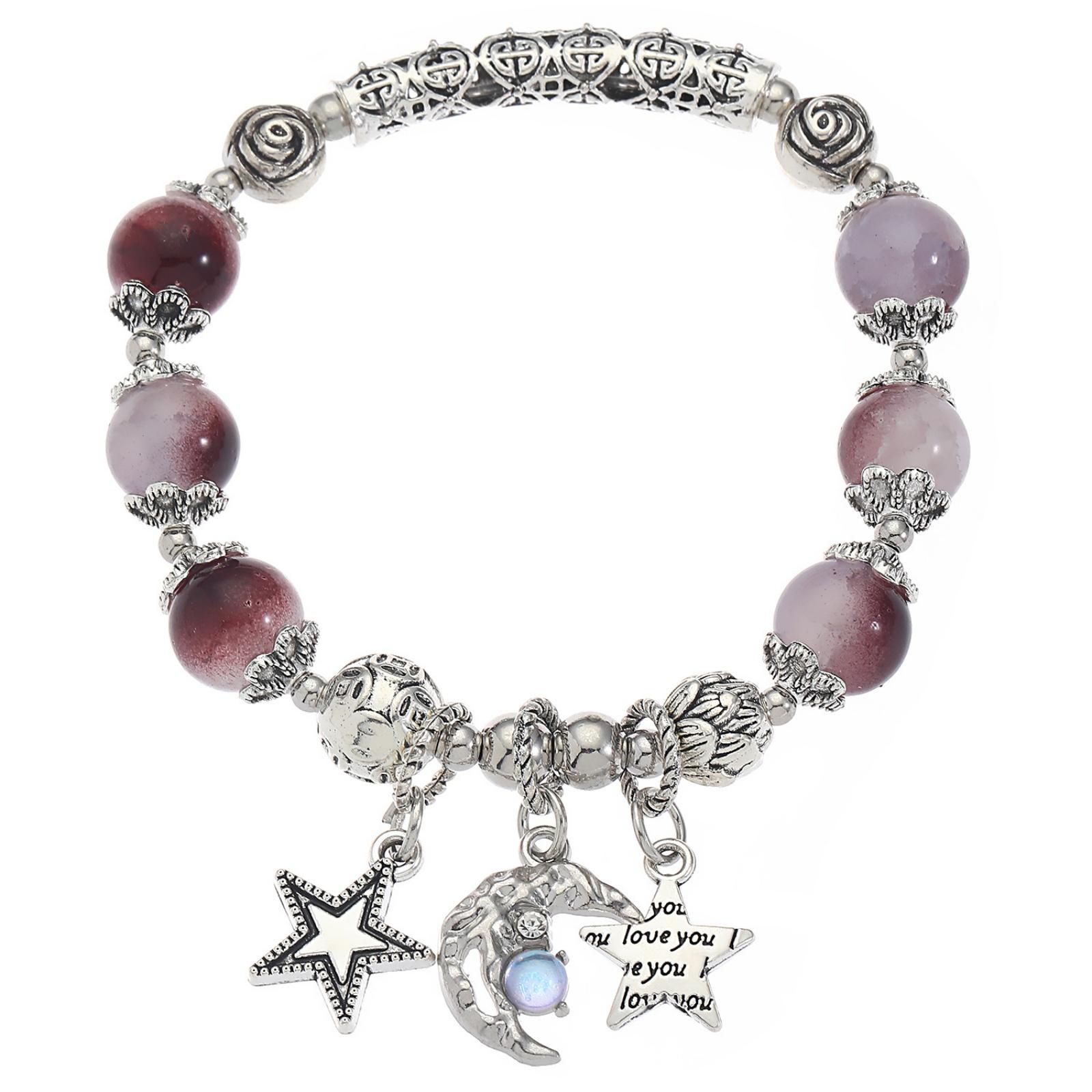 

Регулируемый эластичный браслет на запястье ручной работы, браслет-цепочка на руку с подвеской в виде звезды и луны, браслет из стеклянных бусин для любителей моды фиолетовый