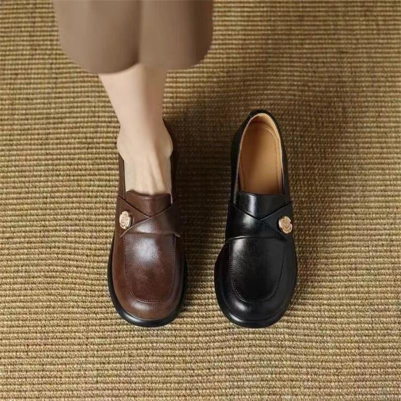 Thick Heel Single Shoes Spring and Autumn British Style Soft Leather High Heel Platform Retro Brown Small Leather Shoes