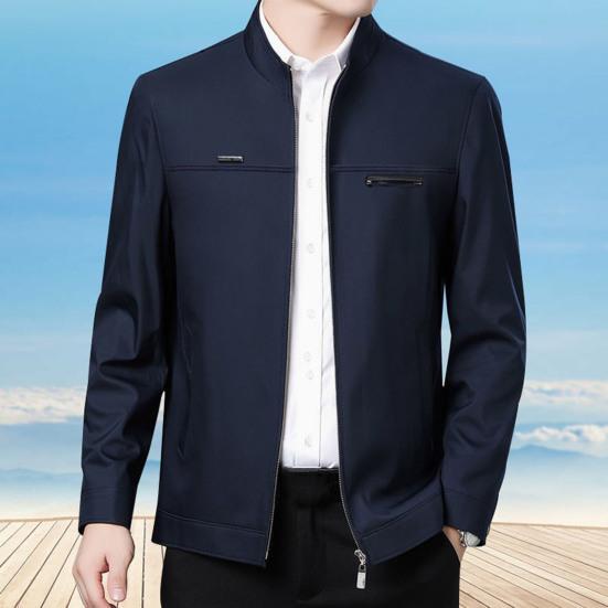 Men Jacket Lapel Long Sleeve Zipper Placket Middle-aged Coat with Side Pockets Solid Color Casual Jacket Outwear