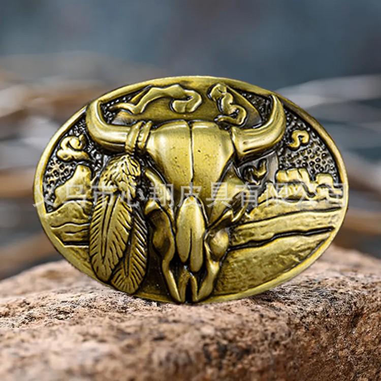 Retro Cross Half-Oval Leaf Bull Head Unisex Belt Buckle, Zinc Alloy & PU Embossed Design бронзовый
