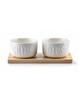 2 White Porcelain Bowls with a Wooden Board