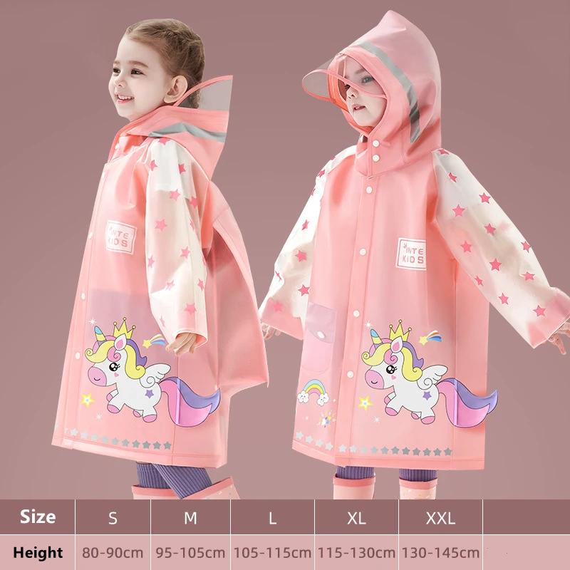 

Cute Kids Raincoat Wateproof Children Dinosaur Unicorn Rain Poncho Rain Coat Jacket With Backpack Position Student RainWear L