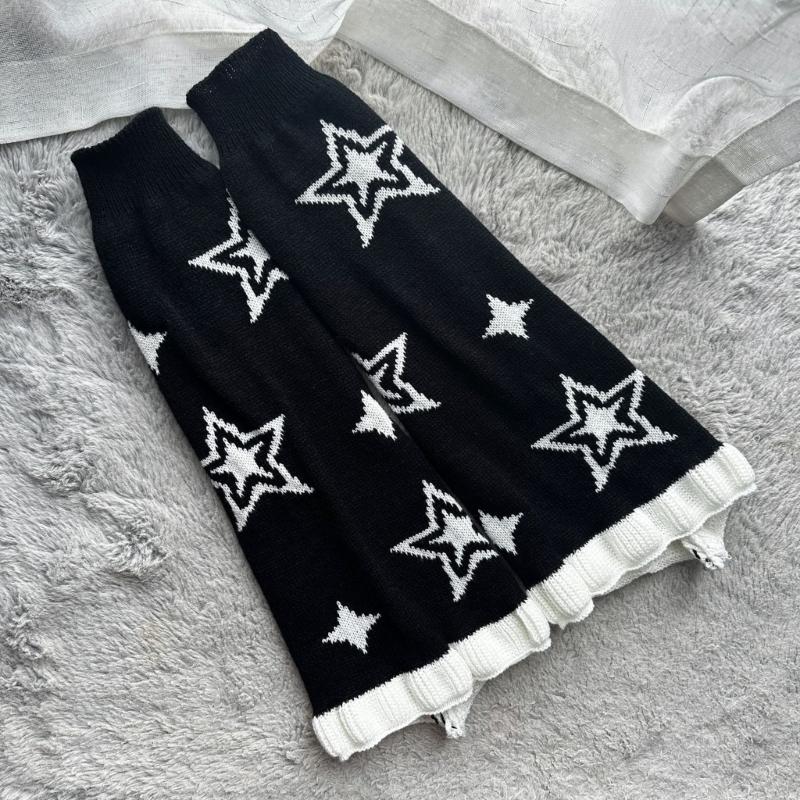 Punk Women Leg Warmers Japanese Aesthetic Star Pattern Flared Knitted Foot Cover Ruffle Trim Long Stockings Streetwear