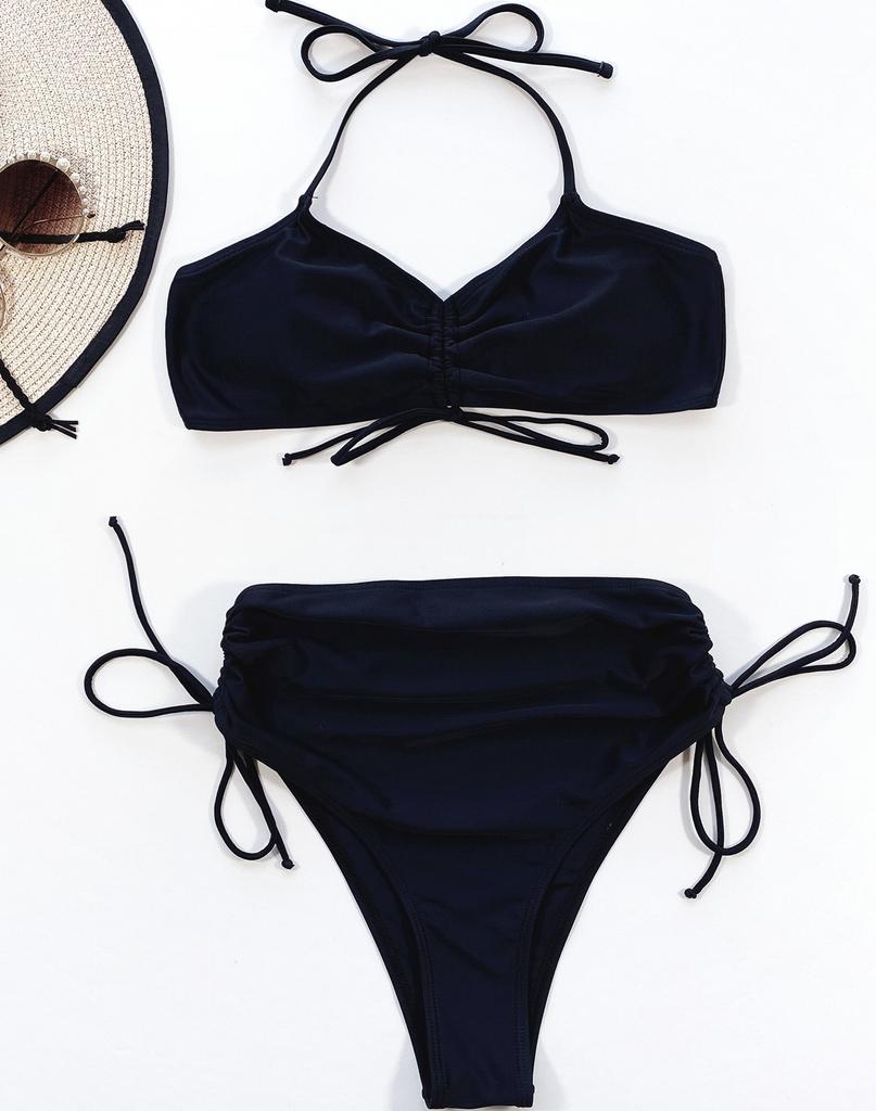 Women's Swimwear Black Sexy Halter High Waist Drawstring Side Tie Bikini Set