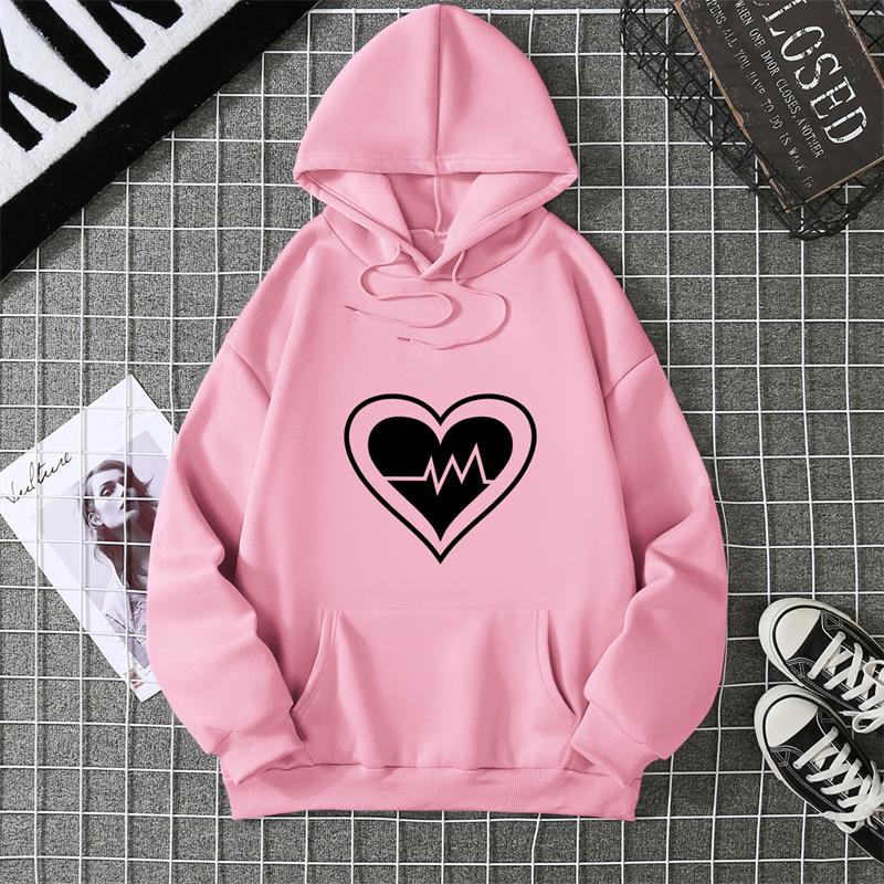 Women's Fleece Lined Hoodie Solid Color Heart Print Kangaroo Pocket Drawstring Printed Hooded Sweatshirt Streetwear