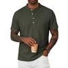 Men Henley Collar Short Sleeve T Shirt Ribbed Knit Button Placket Casual Fit Lightweight Top